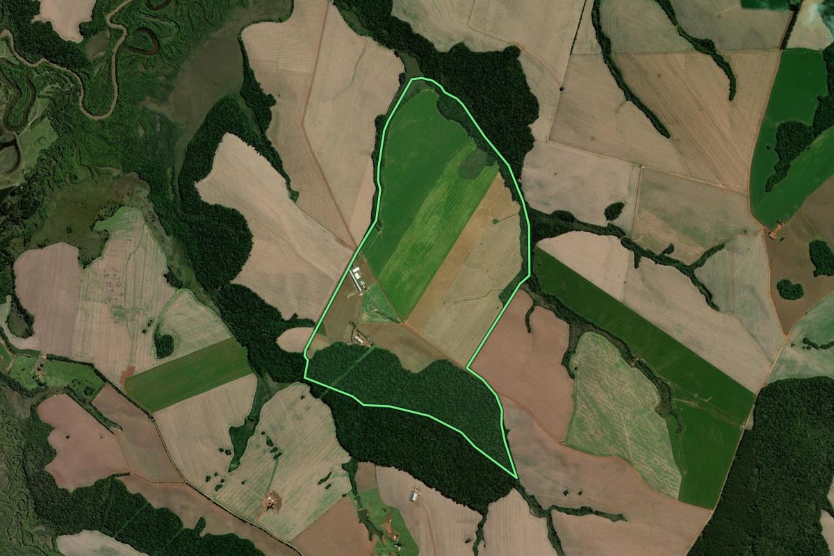 Imagem de satélite do imóvel rural em Teixeira Soares (PR), com o contorno declarado no CAR desenhado por cima.