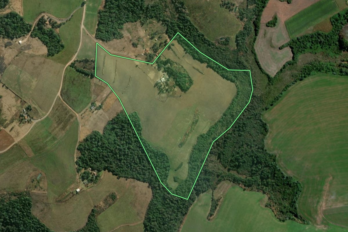 Imagem de satélite do imóvel rural em Teixeira Soares (PR), com o contorno declarado no CAR desenhado por cima.