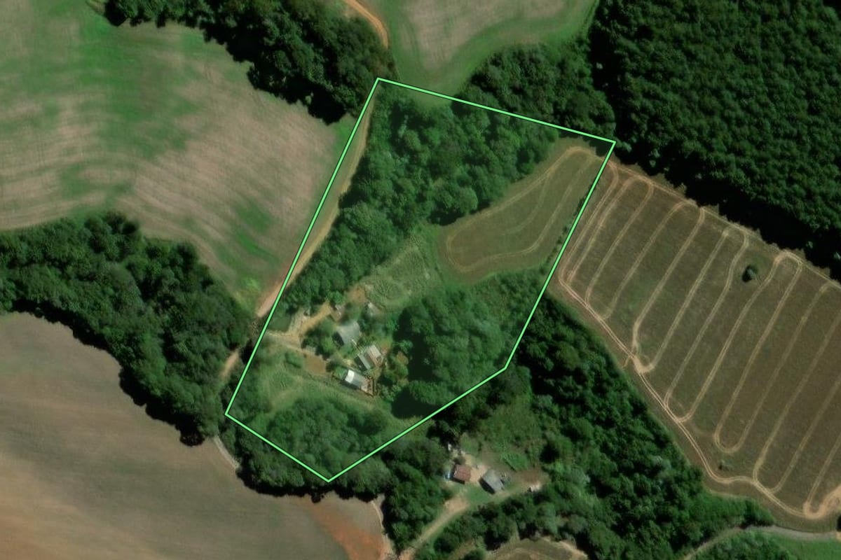 Imagem de satélite do imóvel rural em Teixeira Soares (PR), com o contorno declarado no CAR desenhado por cima.