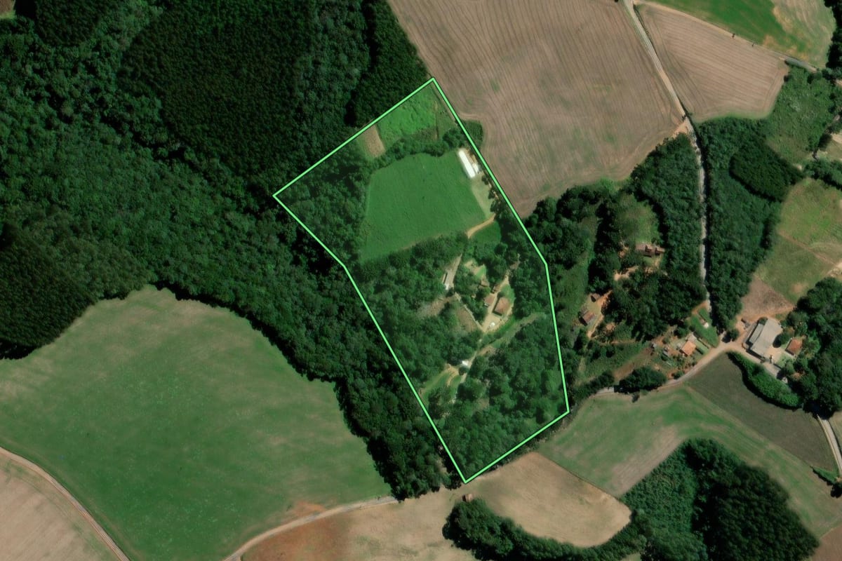 Imagem de satélite do imóvel rural em Teixeira Soares (PR), com o contorno declarado no CAR desenhado por cima.