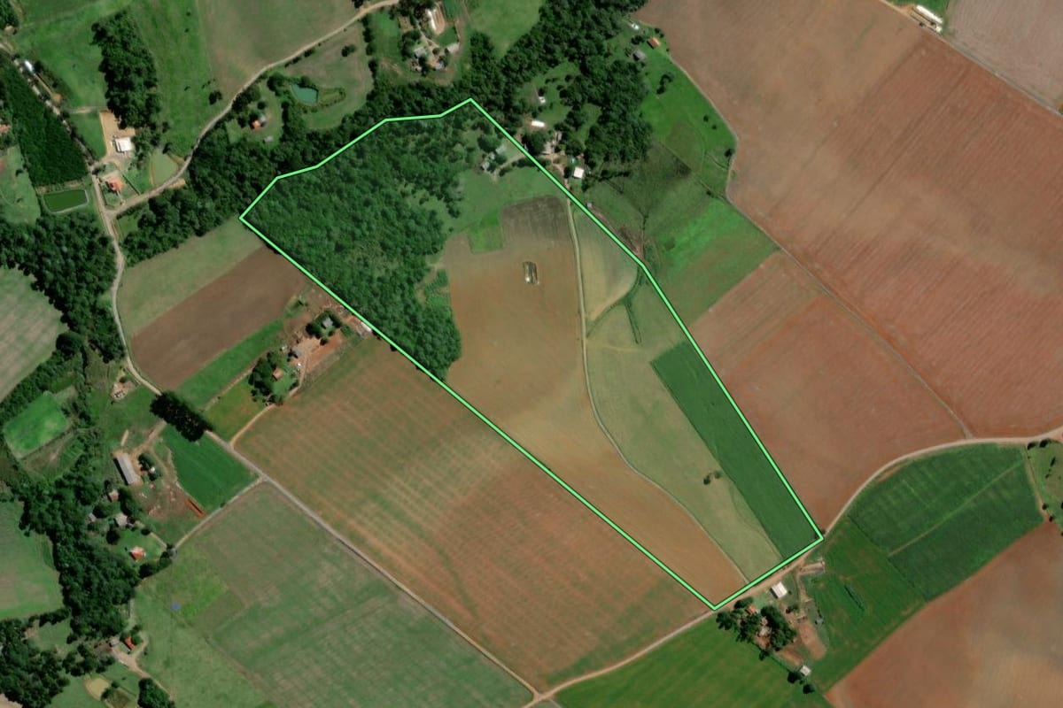 Imagem de satélite do imóvel rural em Teixeira Soares (PR), com o contorno declarado no CAR desenhado por cima.