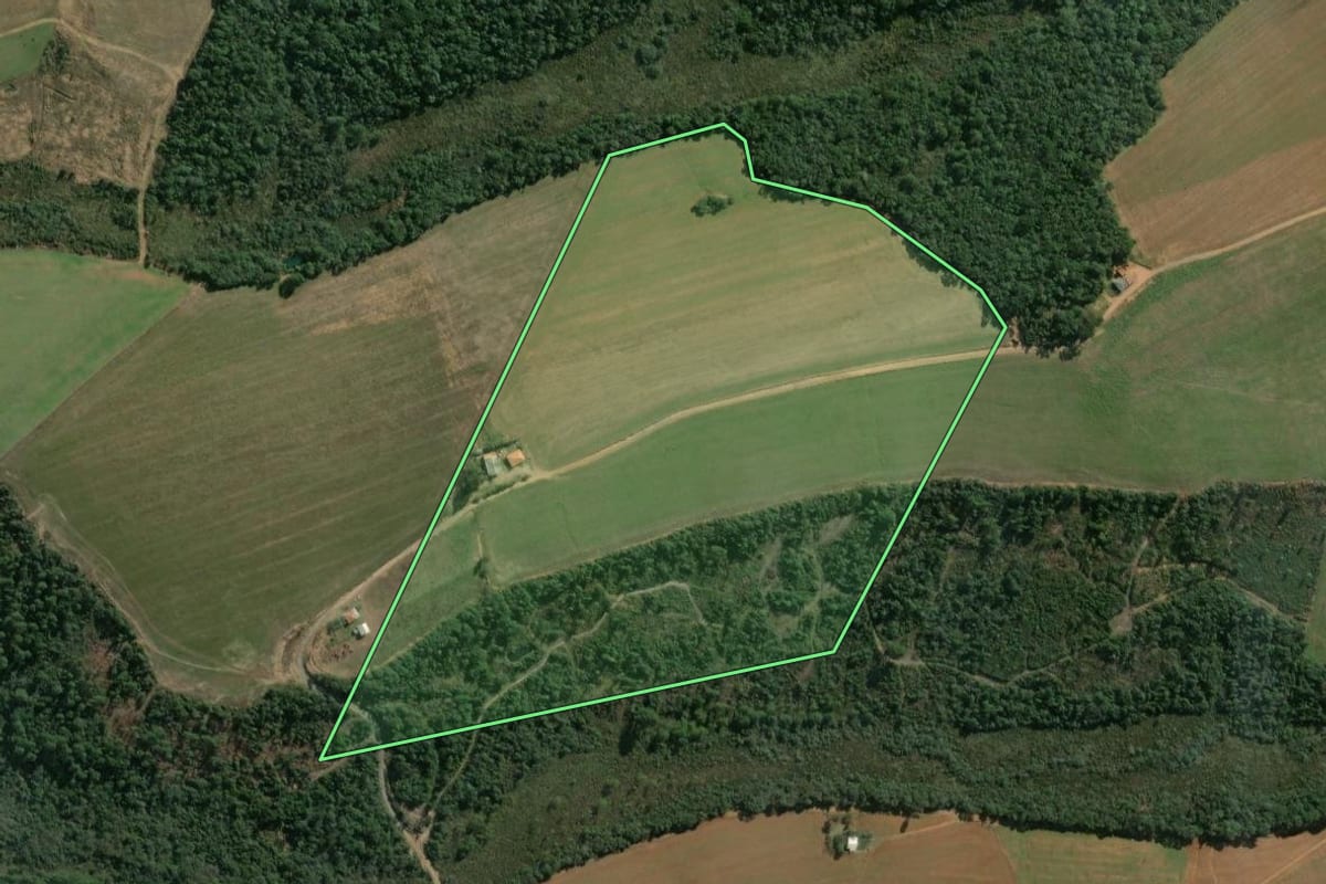 Imagem de satélite do imóvel rural em Teixeira Soares (PR), com o contorno declarado no CAR desenhado por cima.