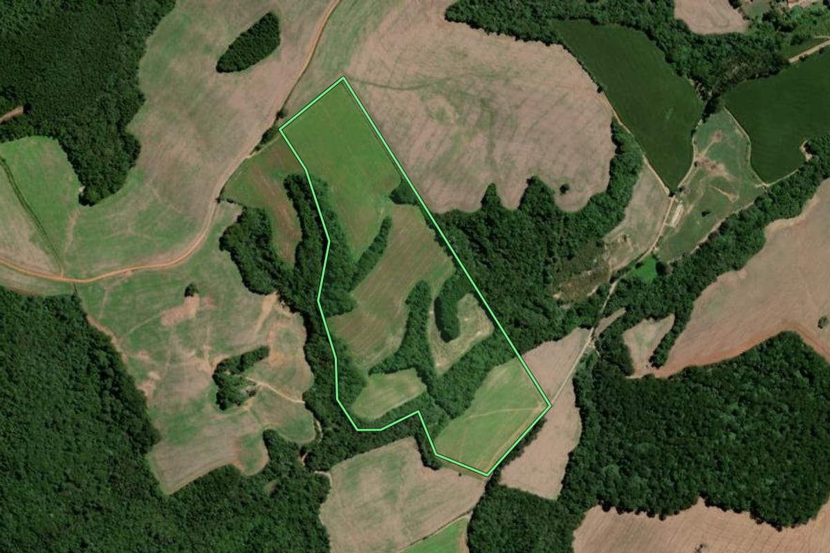 Imagem de satélite do imóvel rural em Teixeira Soares (PR), com o contorno declarado no CAR desenhado por cima.