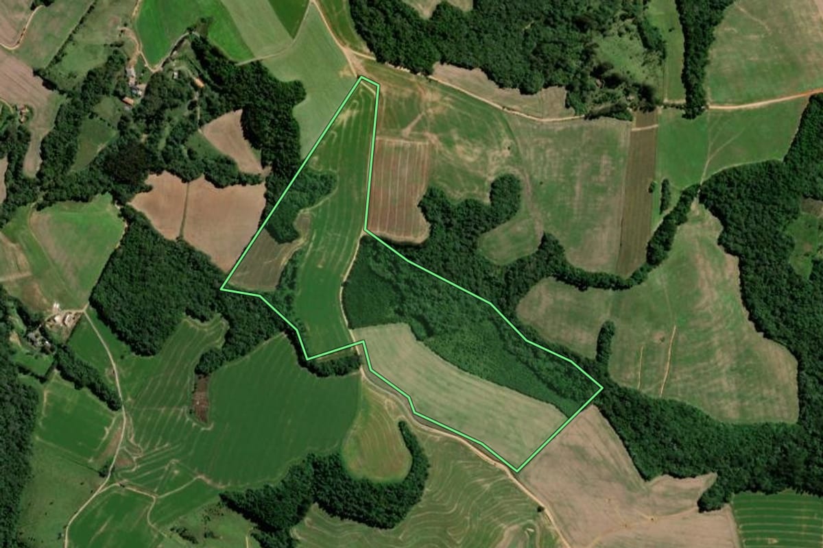 Imagem de satélite do imóvel rural em Teixeira Soares (PR), com o contorno declarado no CAR desenhado por cima.
