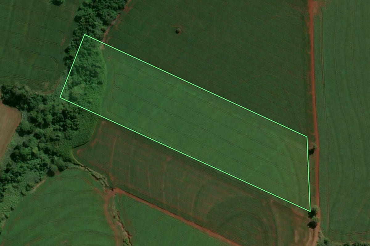 Imagem de satélite do imóvel rural em Terra Boa (PR), com o contorno declarado no CAR desenhado por cima.