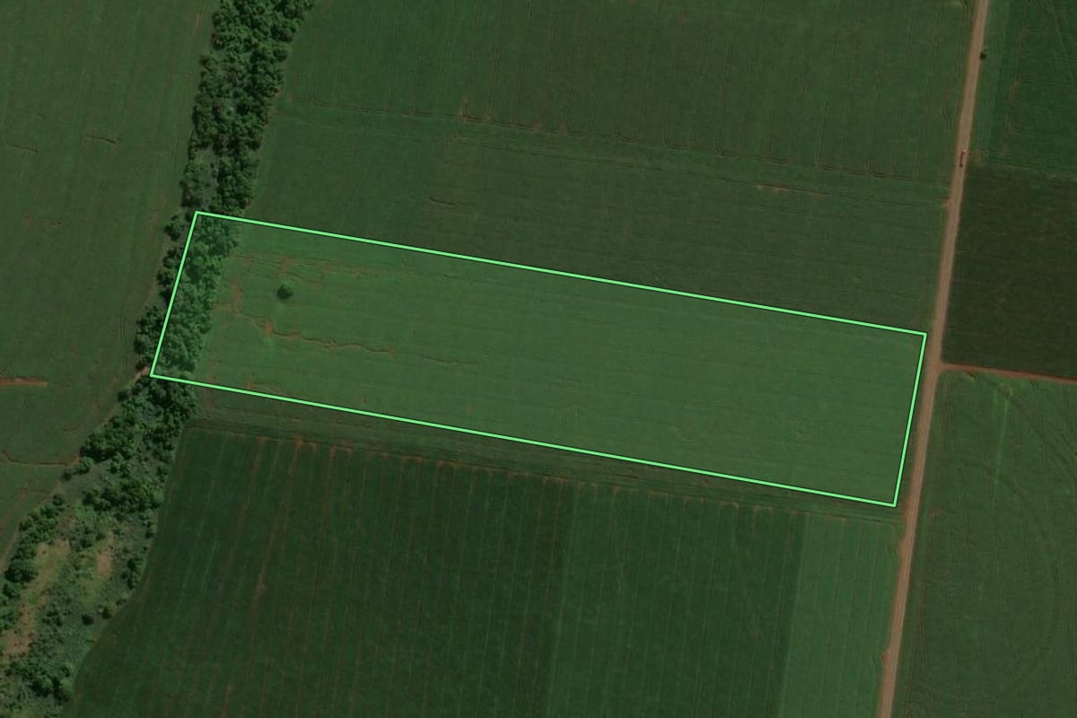 Imagem de satélite do imóvel rural em Terra Boa (PR), com o contorno declarado no CAR desenhado por cima.