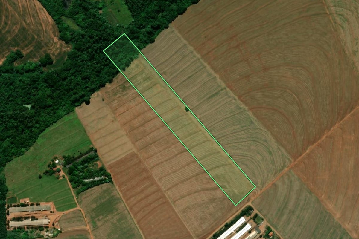 Imagem de satélite do imóvel rural em Terra Boa (PR), com o contorno declarado no CAR desenhado por cima.