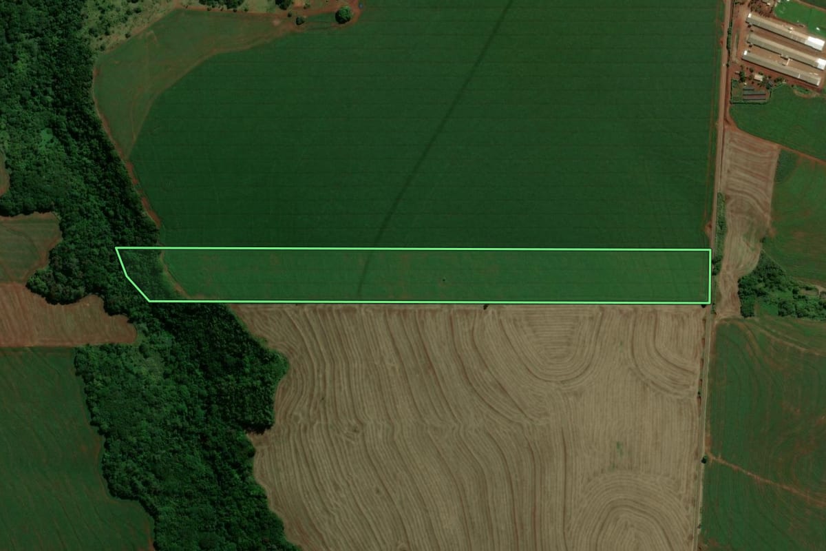 Imagem de satélite do imóvel rural em Terra Boa (PR), com o contorno declarado no CAR desenhado por cima.