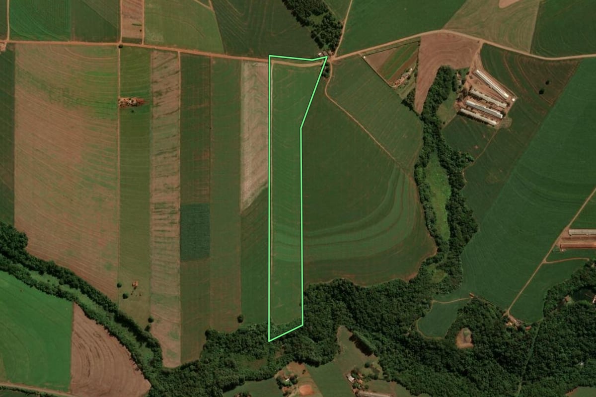 Imagem de satélite do imóvel rural em Terra Boa (PR), com o contorno declarado no CAR desenhado por cima.
