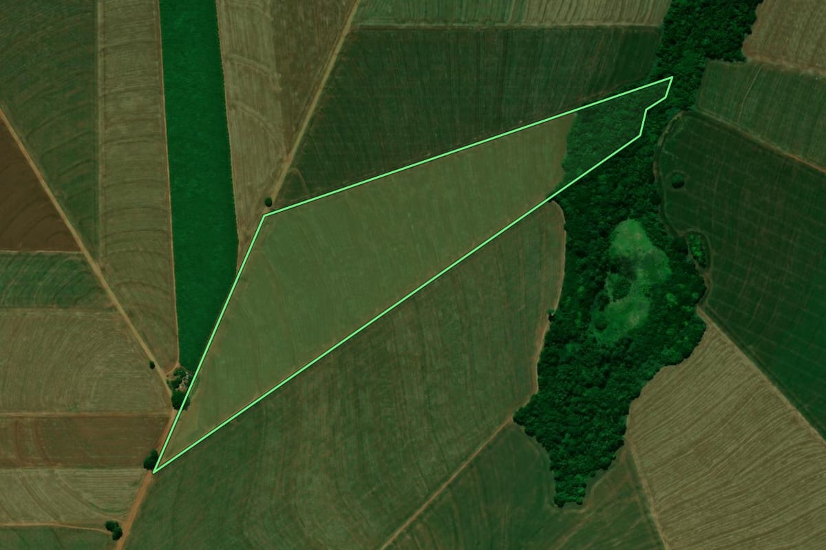 Imagem de satélite do imóvel rural em Terra Boa (PR), com o contorno declarado no CAR desenhado por cima.