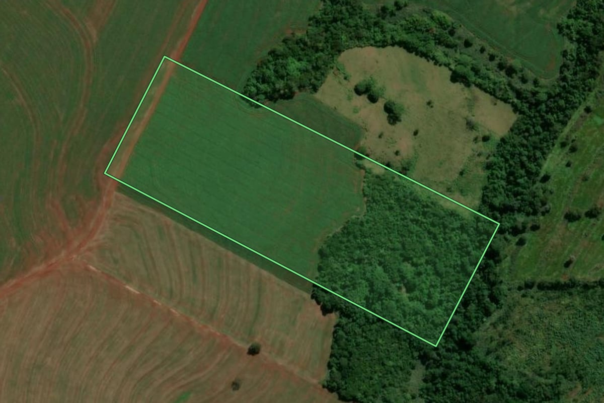 Imagem de satélite do imóvel rural em Terra Boa (PR), com o contorno declarado no CAR desenhado por cima.
