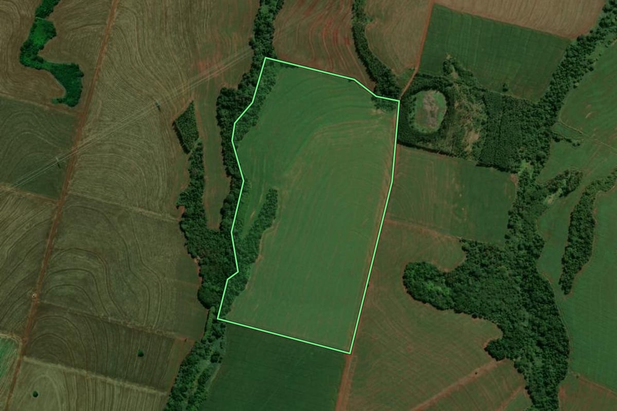 Imagem de satélite do imóvel rural em Terra Boa (PR), com o contorno declarado no CAR desenhado por cima.