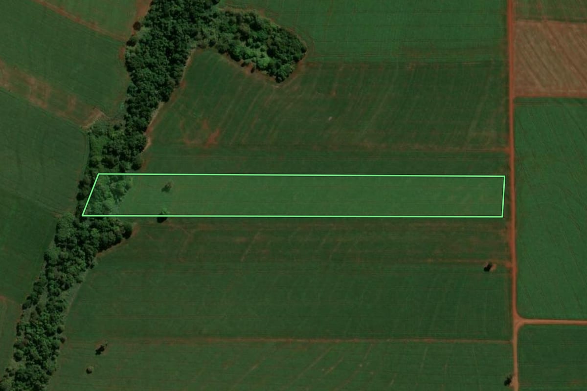 Imagem de satélite do imóvel rural em Terra Boa (PR), com o contorno declarado no CAR desenhado por cima.