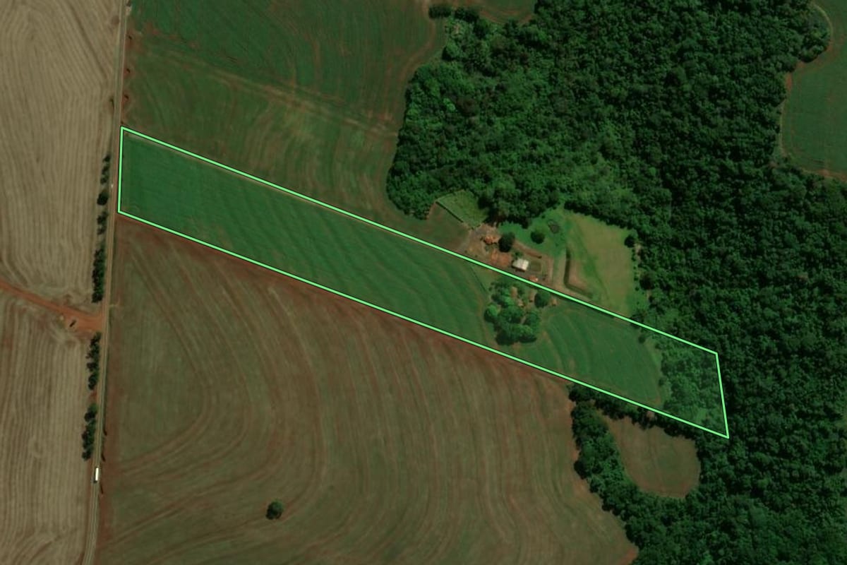 Imagem de satélite do imóvel rural em Terra Boa (PR), com o contorno declarado no CAR desenhado por cima.