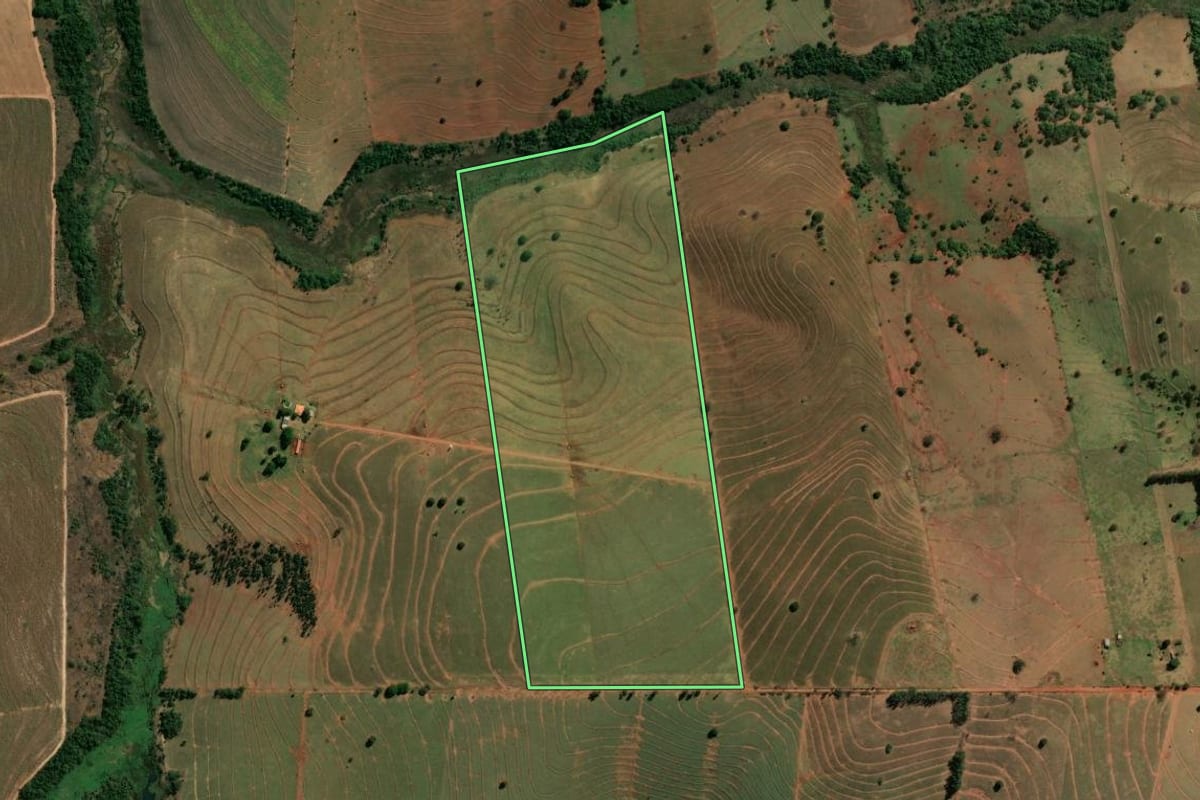 Imagem de satélite do imóvel rural em Terra Rica (PR), com o contorno declarado no CAR desenhado por cima.