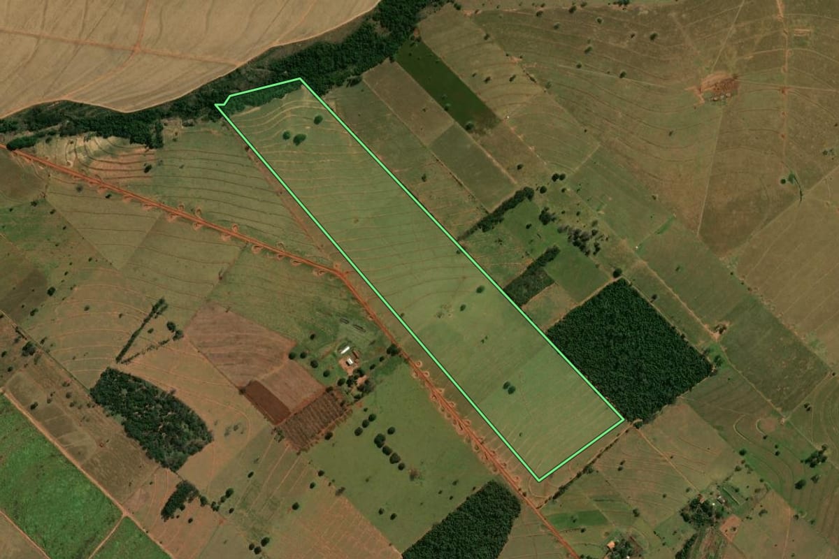 Imagem de satélite do imóvel rural em Terra Rica (PR), com o contorno declarado no CAR desenhado por cima.