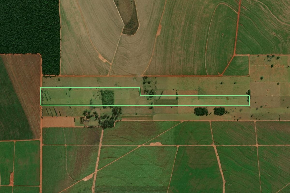 Imagem de satélite do imóvel rural em Terra Rica (PR), com o contorno declarado no CAR desenhado por cima.