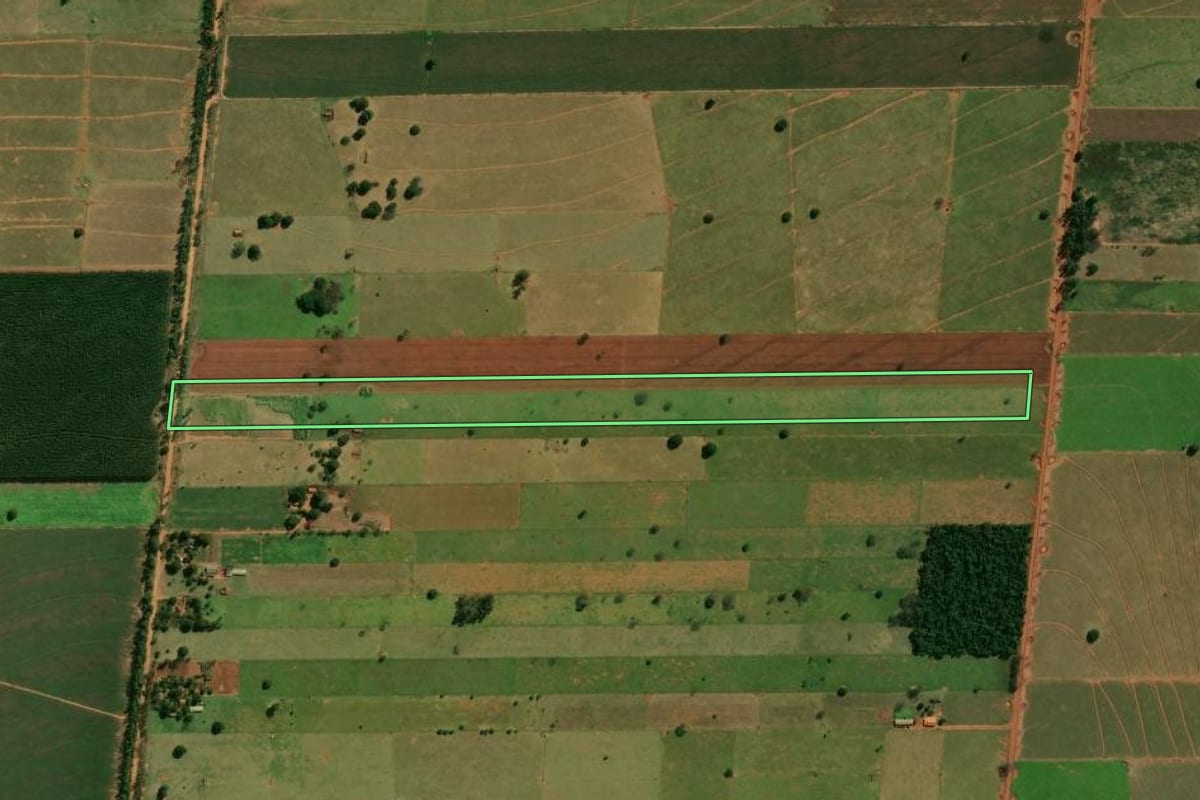 Imagem de satélite do imóvel rural em Terra Rica (PR), com o contorno declarado no CAR desenhado por cima.