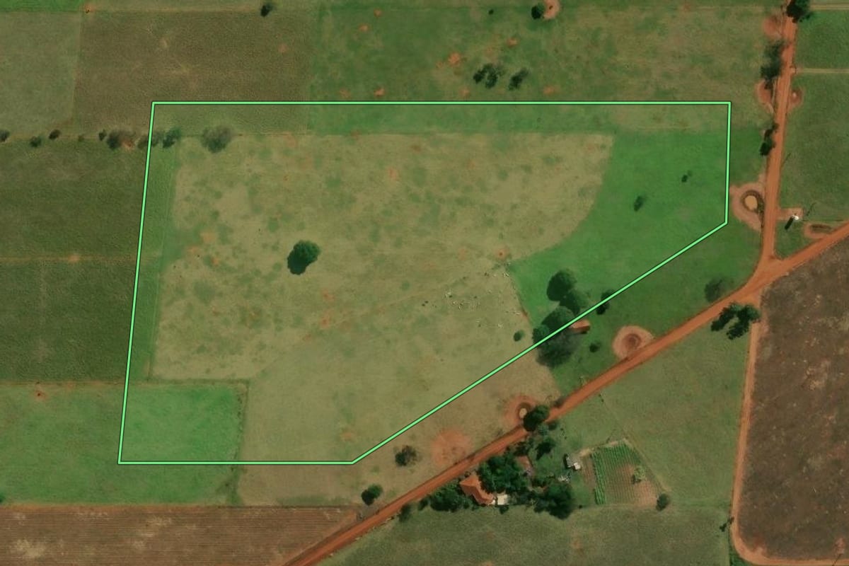 Imagem de satélite do imóvel rural em Terra Rica (PR), com o contorno declarado no CAR desenhado por cima.