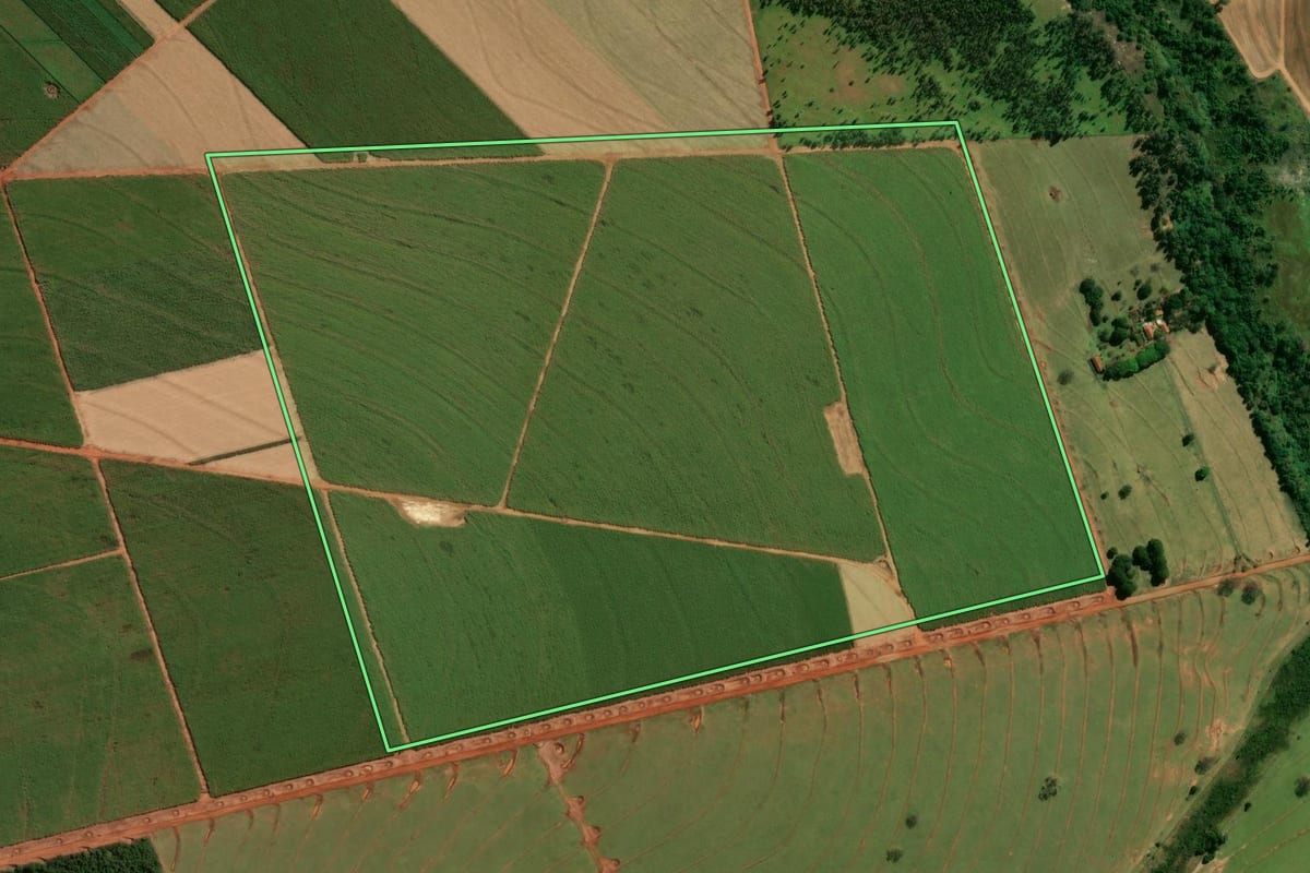 Imagem de satélite do imóvel rural em Terra Rica (PR), com o contorno declarado no CAR desenhado por cima.