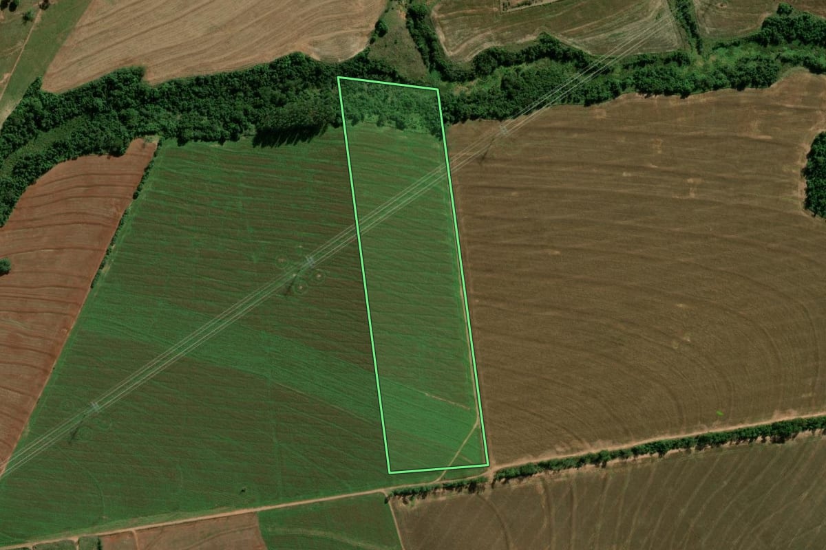 Imagem de satélite do imóvel rural em Terra Roxa (PR), com o contorno declarado no CAR desenhado por cima.