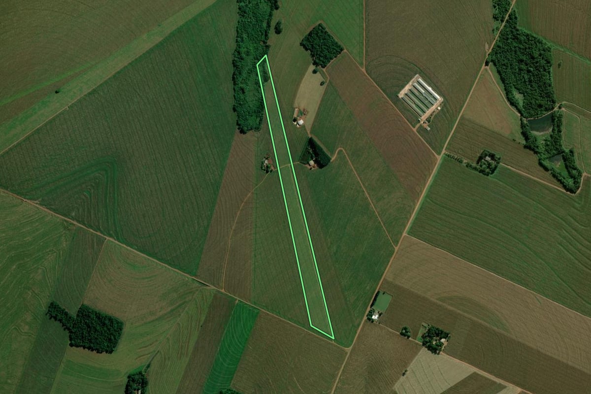 Imagem de satélite do imóvel rural em Terra Roxa (PR), com o contorno declarado no CAR desenhado por cima.