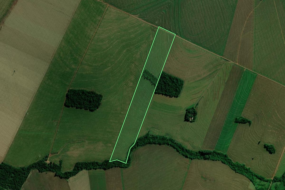 Imagem de satélite do imóvel rural em Terra Roxa (PR), com o contorno declarado no CAR desenhado por cima.
