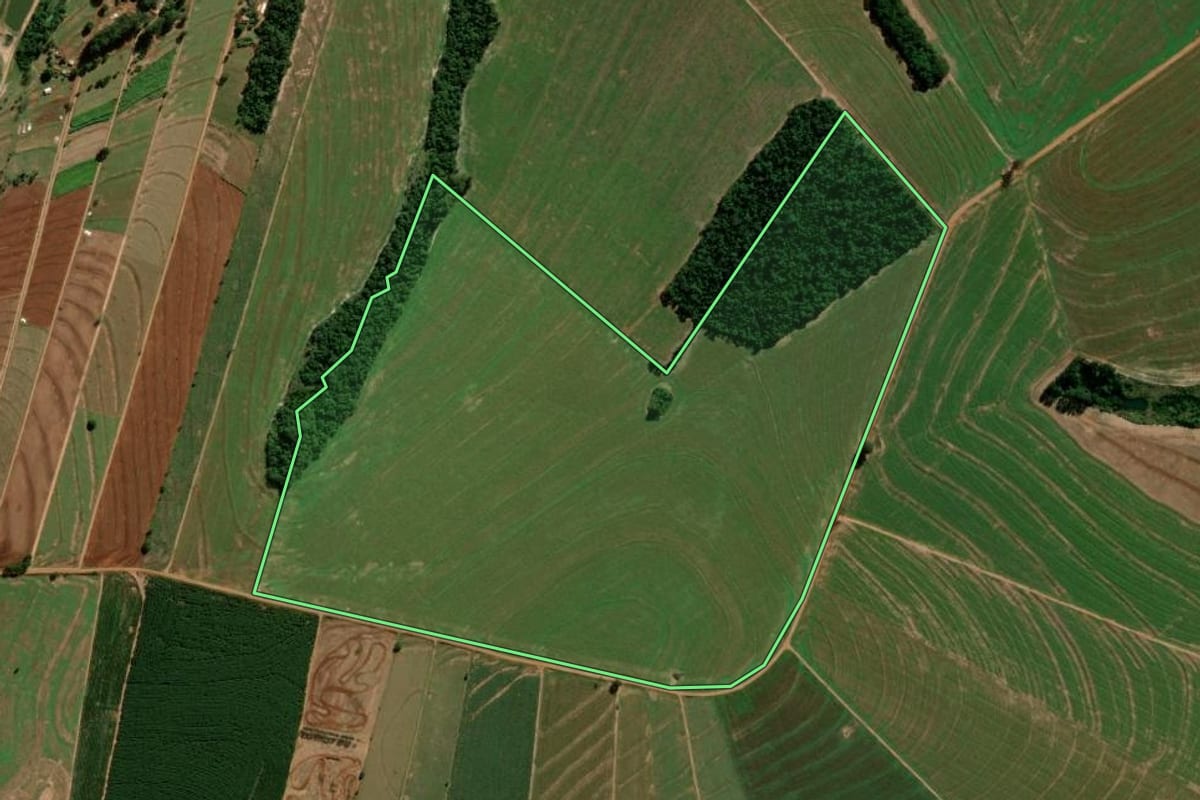 Imagem de satélite do imóvel rural em Terra Roxa (PR), com o contorno declarado no CAR desenhado por cima.