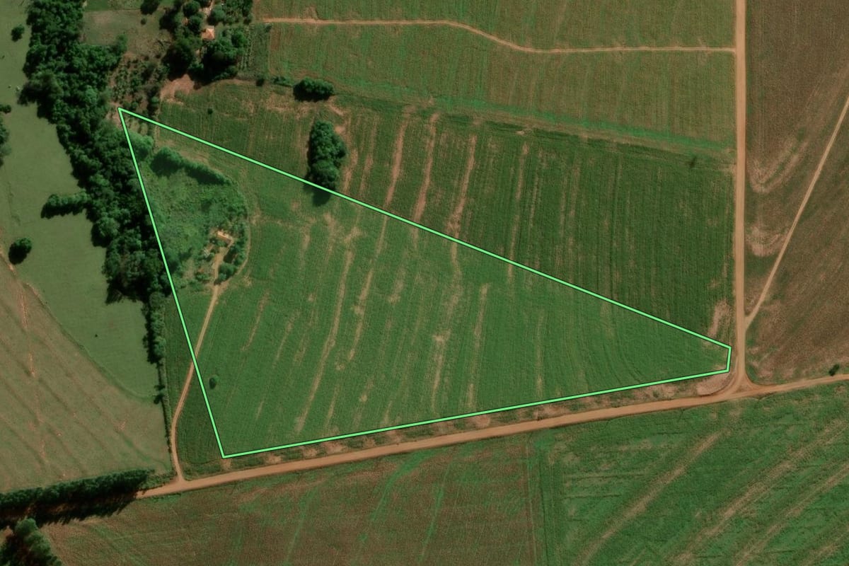 Imagem de satélite do imóvel rural em Terra Roxa (PR), com o contorno declarado no CAR desenhado por cima.