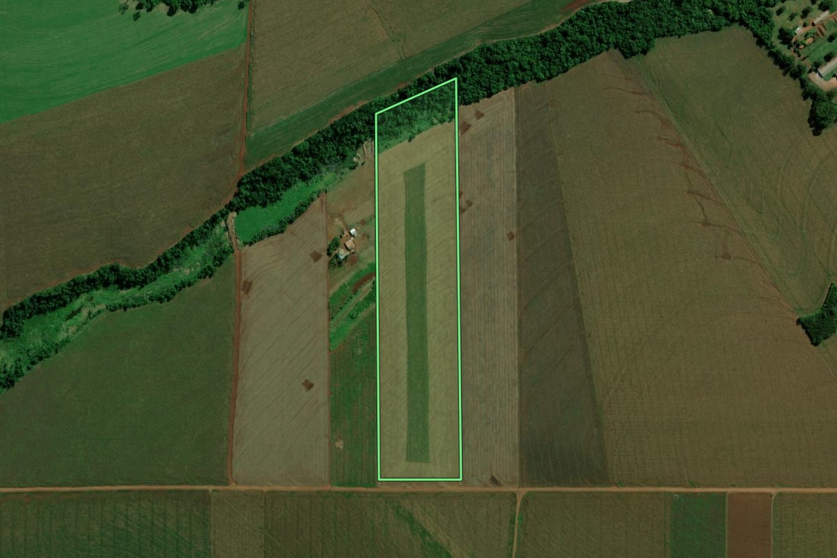 Imagem de satélite do imóvel rural em Terra Roxa (PR), com o contorno declarado no CAR desenhado por cima.