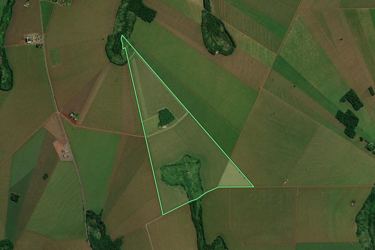 Imagem de satélite do imóvel rural em Terra Roxa (PR), com o contorno declarado no CAR desenhado por cima.