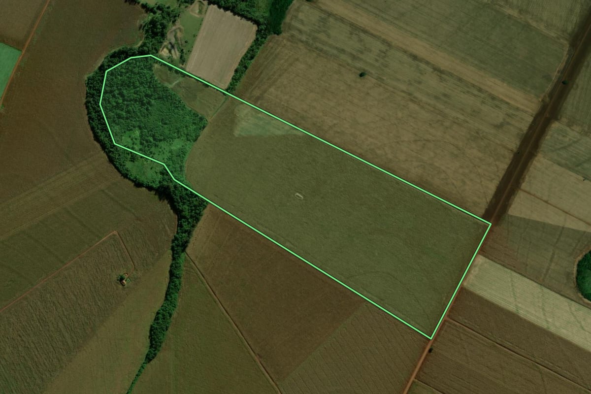 Imagem de satélite do imóvel rural em Terra Roxa (PR), com o contorno declarado no CAR desenhado por cima.