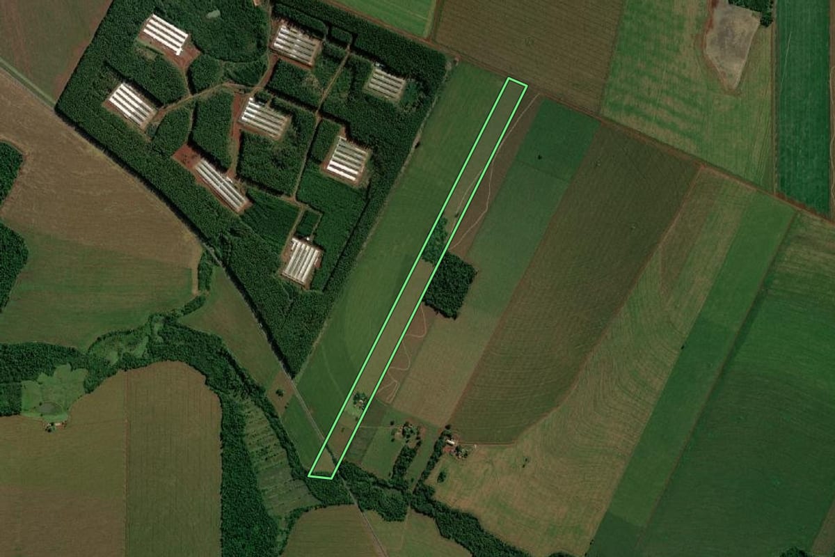 Imagem de satélite do imóvel rural em Terra Roxa (PR), com o contorno declarado no CAR desenhado por cima.