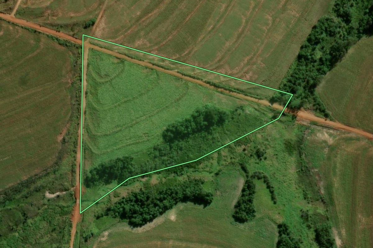 Imagem de satélite do imóvel rural em Terra Roxa (PR), com o contorno declarado no CAR desenhado por cima.