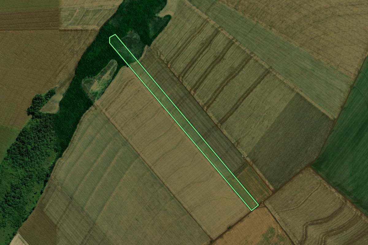 Imagem de satélite do imóvel rural em Terra Roxa (PR), com o contorno declarado no CAR desenhado por cima.