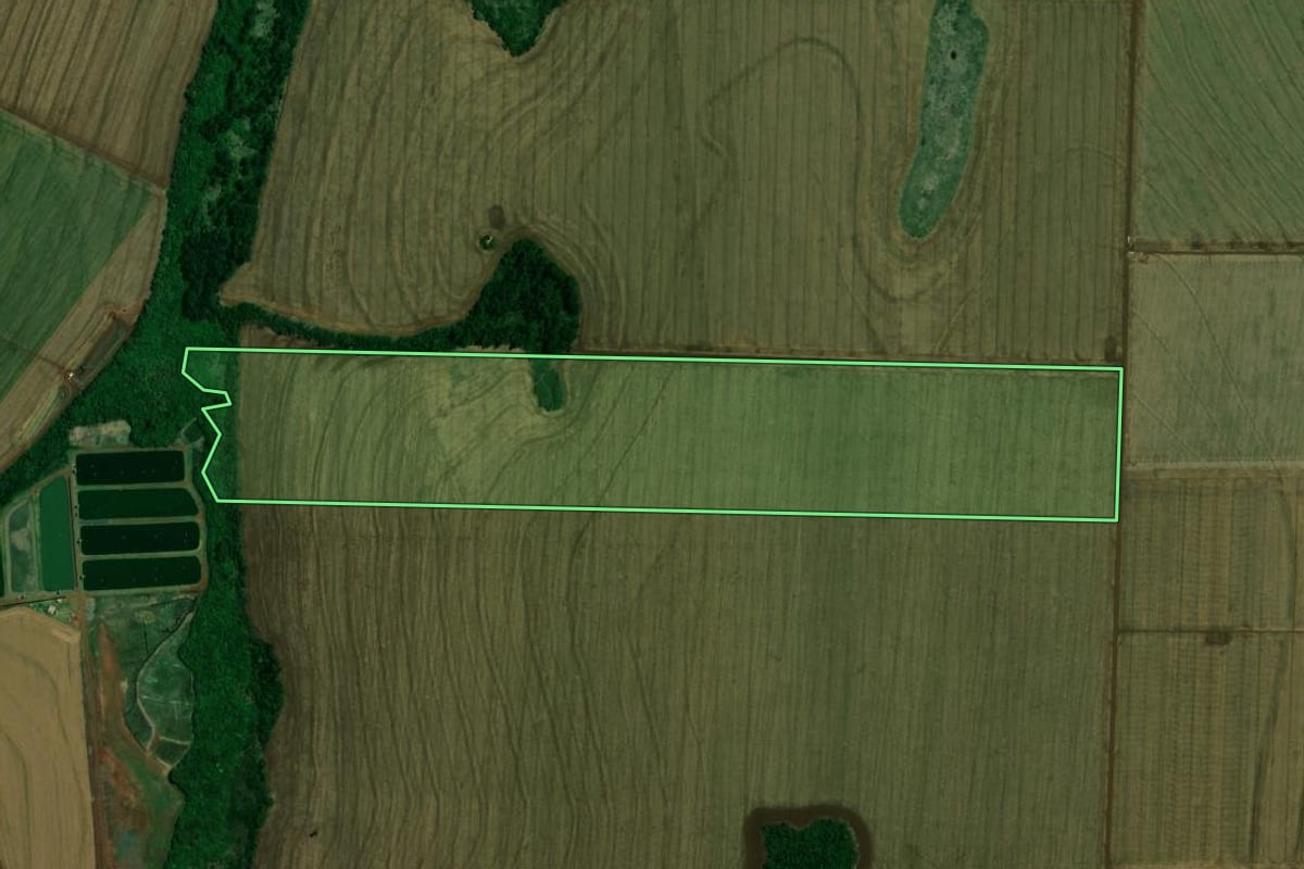 Imagem de satélite do imóvel rural em Terra Roxa (PR), com o contorno declarado no CAR desenhado por cima.