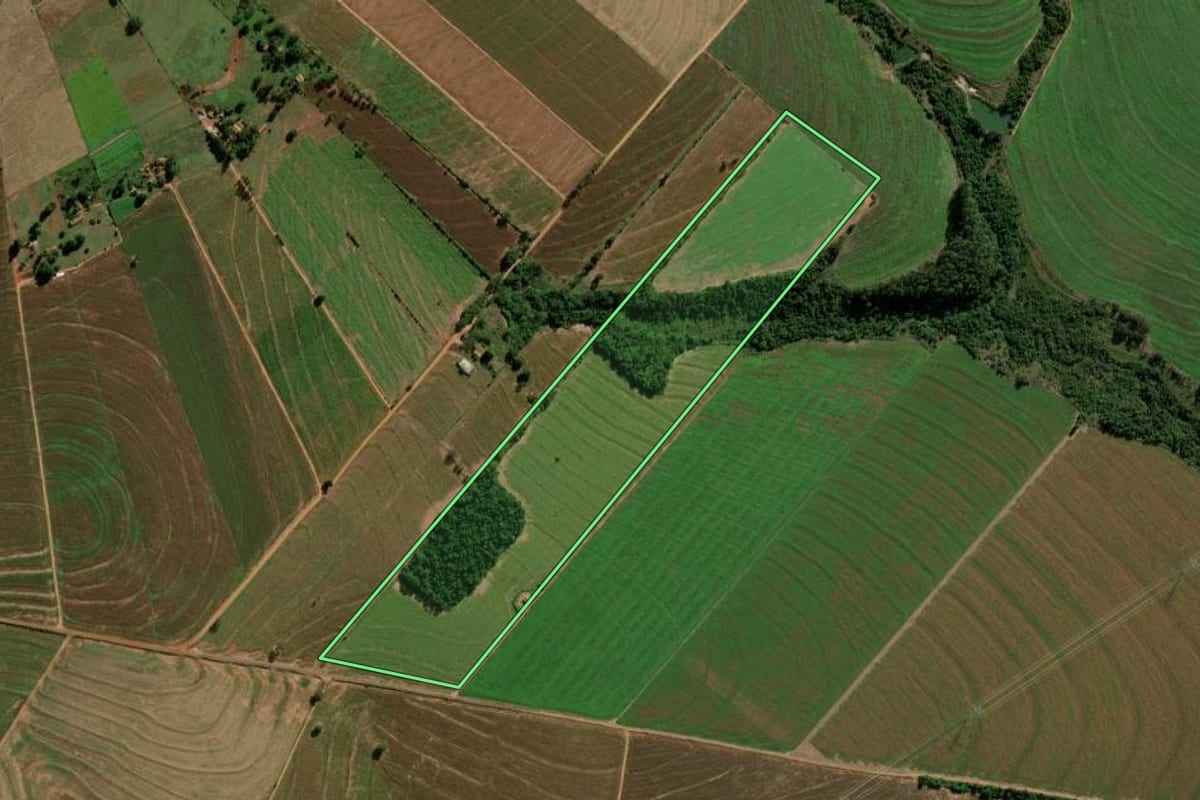 Imagem de satélite do imóvel rural em Terra Roxa (PR), com o contorno declarado no CAR desenhado por cima.