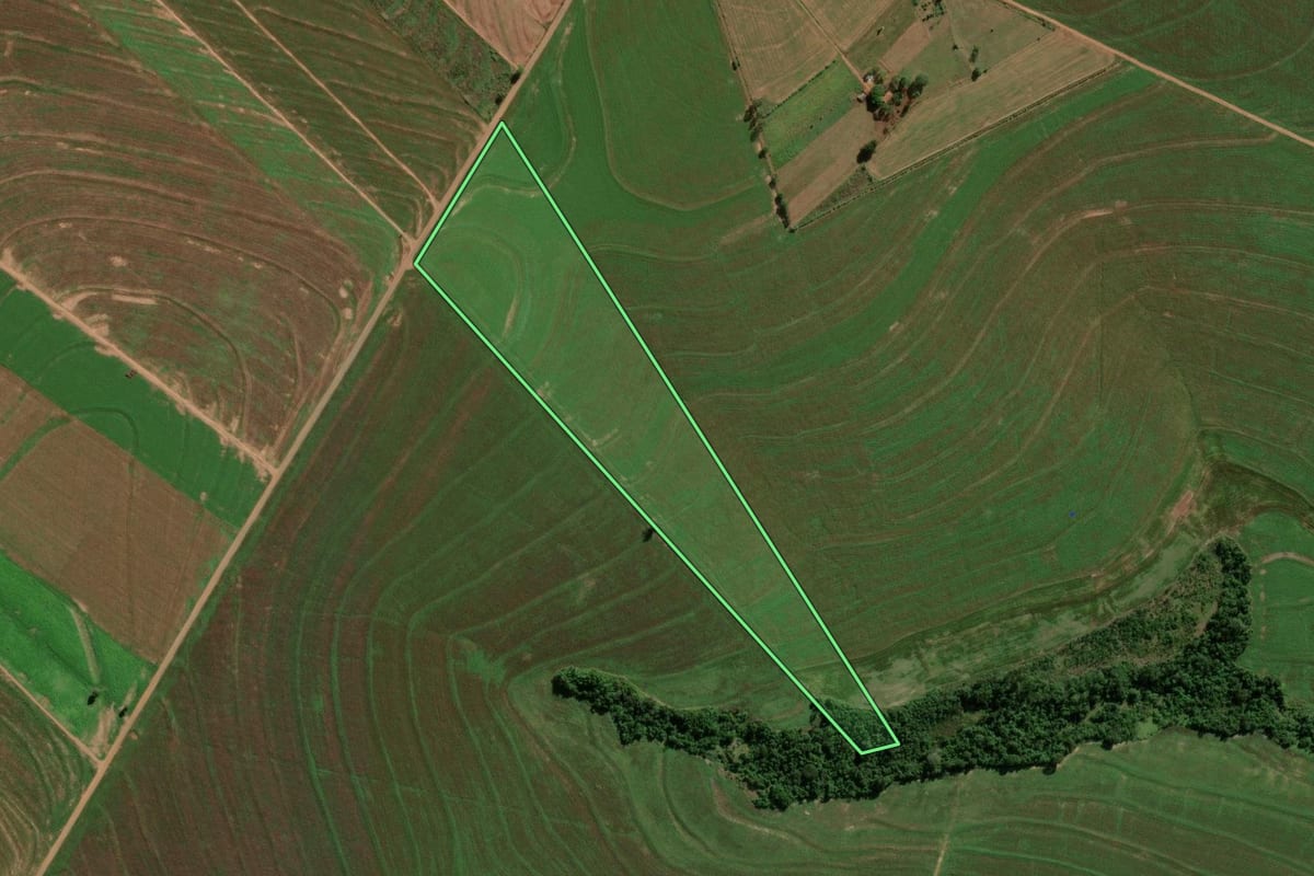 Imagem de satélite do imóvel rural em Terra Roxa (PR), com o contorno declarado no CAR desenhado por cima.