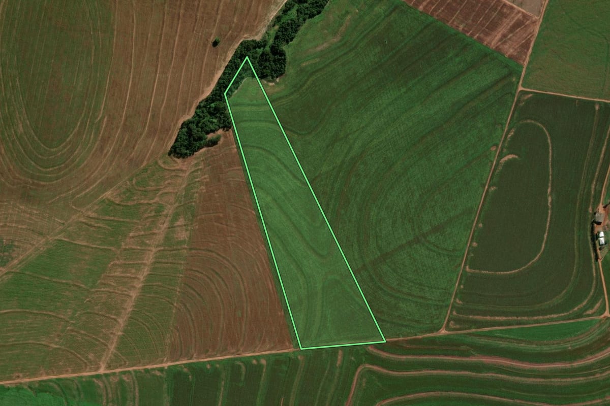 Imagem de satélite do imóvel rural em Terra Roxa (PR), com o contorno declarado no CAR desenhado por cima.