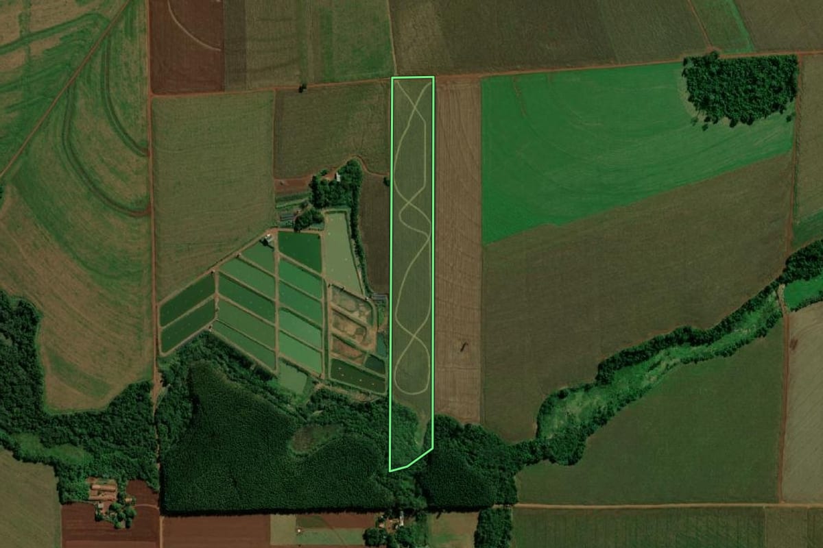 Imagem de satélite do imóvel rural em Terra Roxa (PR), com o contorno declarado no CAR desenhado por cima.