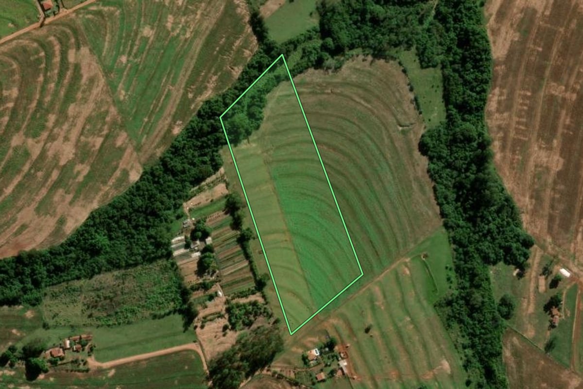 Imagem de satélite do imóvel rural em Terra Roxa (PR), com o contorno declarado no CAR desenhado por cima.