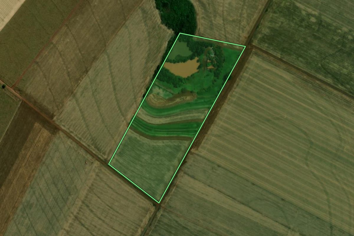 Imagem de satélite do imóvel rural em Terra Roxa (PR), com o contorno declarado no CAR desenhado por cima.