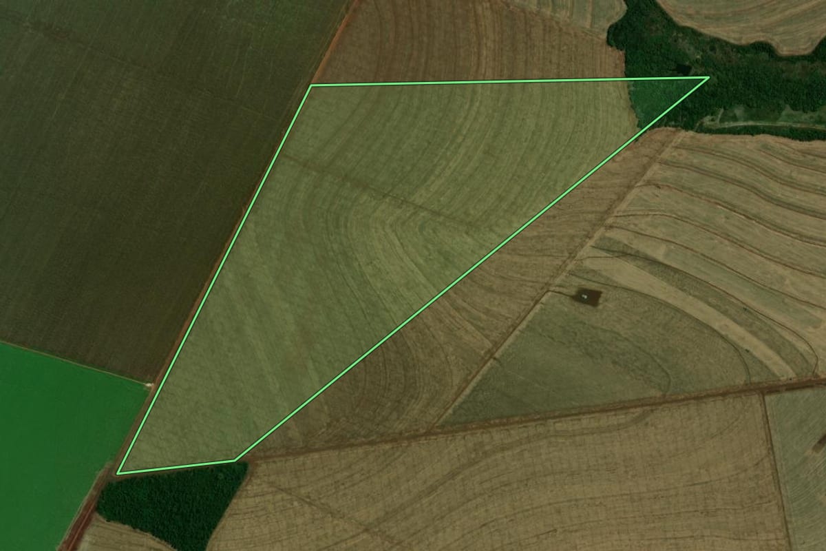 Imagem de satélite do imóvel rural em Terra Roxa (PR), com o contorno declarado no CAR desenhado por cima.