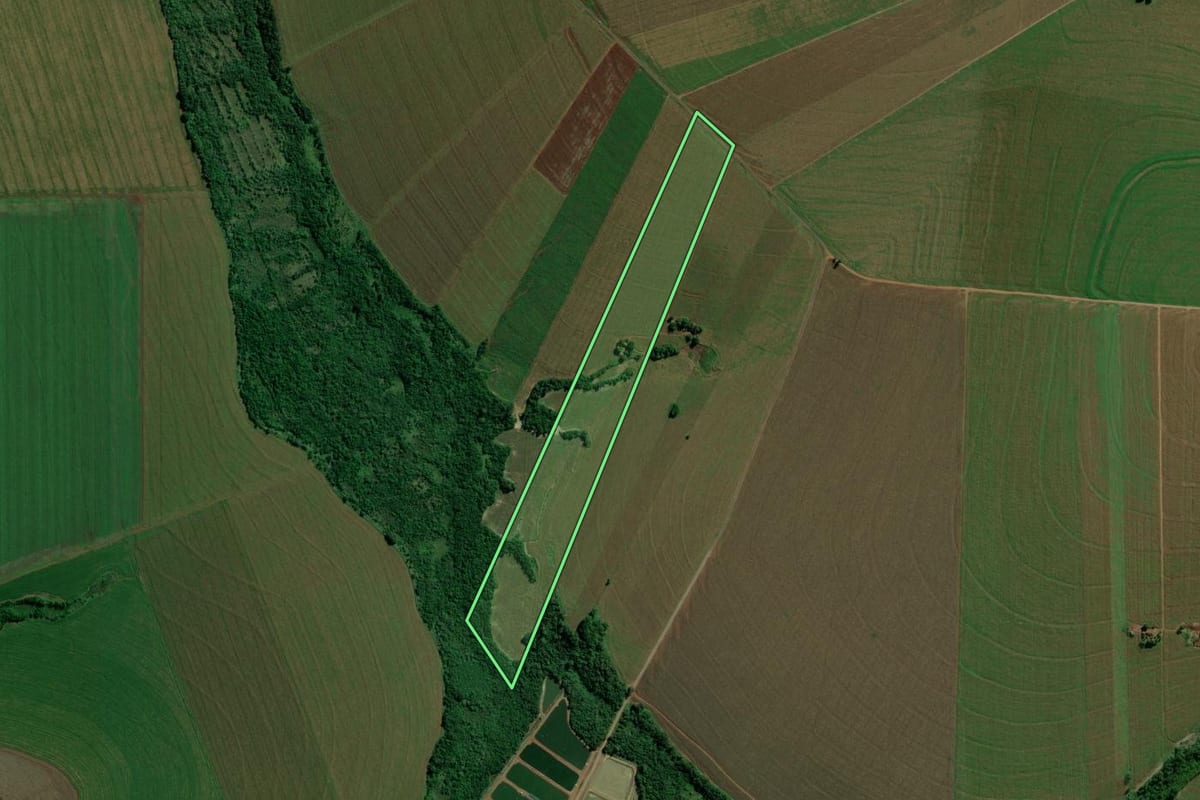 Imagem de satélite do imóvel rural em Terra Roxa (PR), com o contorno declarado no CAR desenhado por cima.