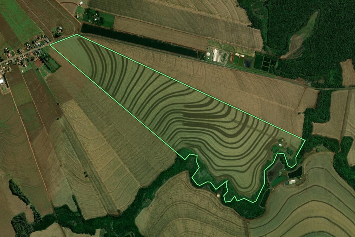 Imagem de satélite do imóvel rural em Terra Roxa (PR), com o contorno declarado no CAR desenhado por cima.