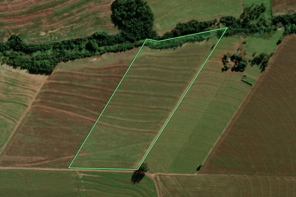 Imagem de satélite do imóvel rural em Terra Roxa (PR), com o contorno declarado no CAR desenhado por cima.