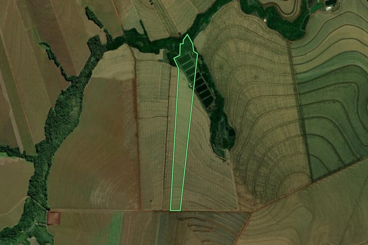 Imagem de satélite do imóvel rural em Terra Roxa (PR), com o contorno declarado no CAR desenhado por cima.