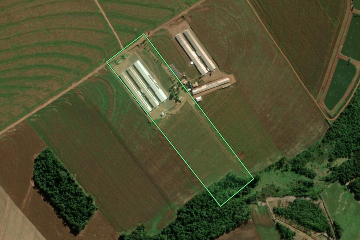 Imagem de satélite do imóvel rural em Terra Roxa (PR), com o contorno declarado no CAR desenhado por cima.