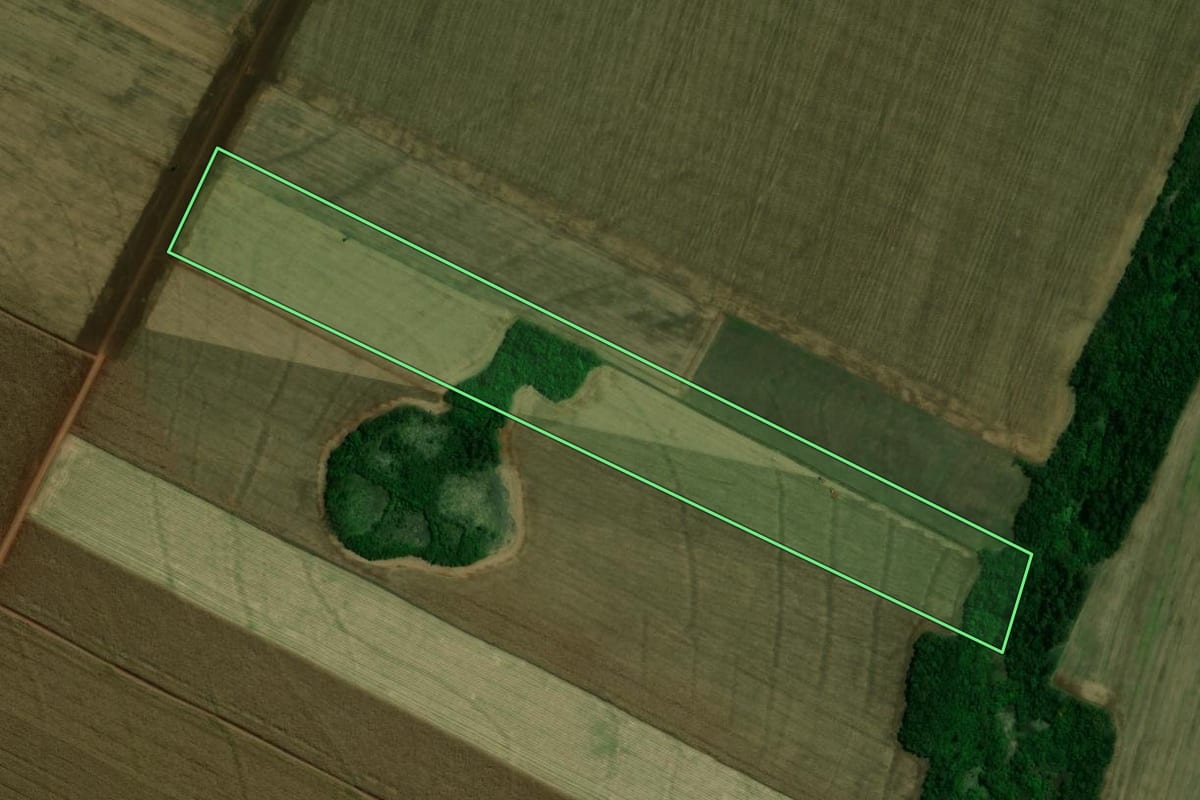 Imagem de satélite do imóvel rural em Terra Roxa (PR), com o contorno declarado no CAR desenhado por cima.