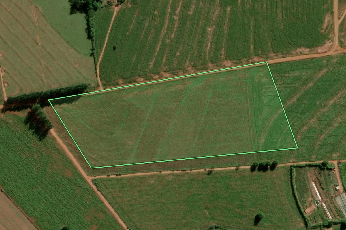 Imagem de satélite do imóvel rural em Terra Roxa (PR), com o contorno declarado no CAR desenhado por cima.